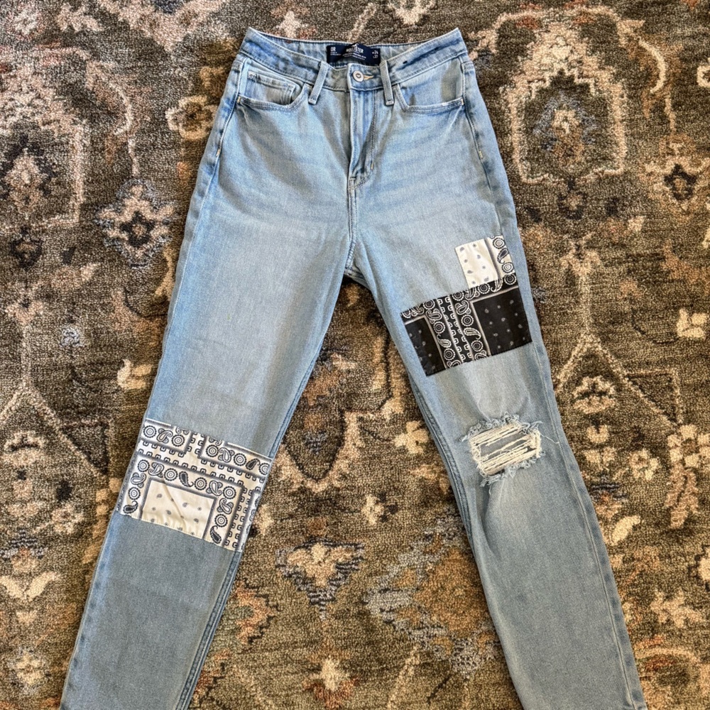 Hollister Blue Straight Leg Jeans with Distressed Details